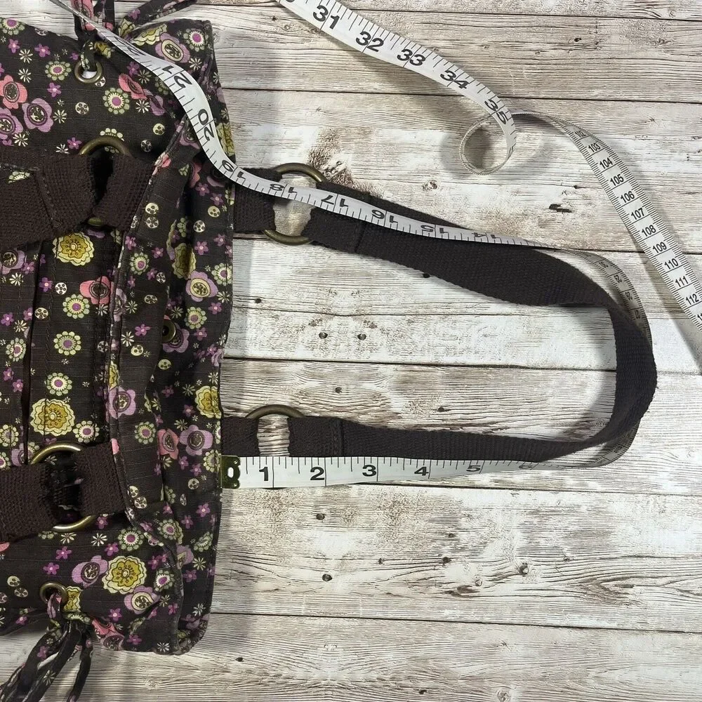 Everyday Shoulder Bag Brown Floral Button Closure, Boho, Cottagecore, Pockets